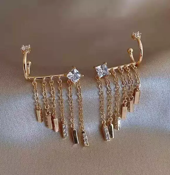 Trendy Geometric Metal Gold Plated Ear Bone Clip on Earrings for Girls Simple Style - Tassel Earrings for Women Girl Party Gift Jewelry