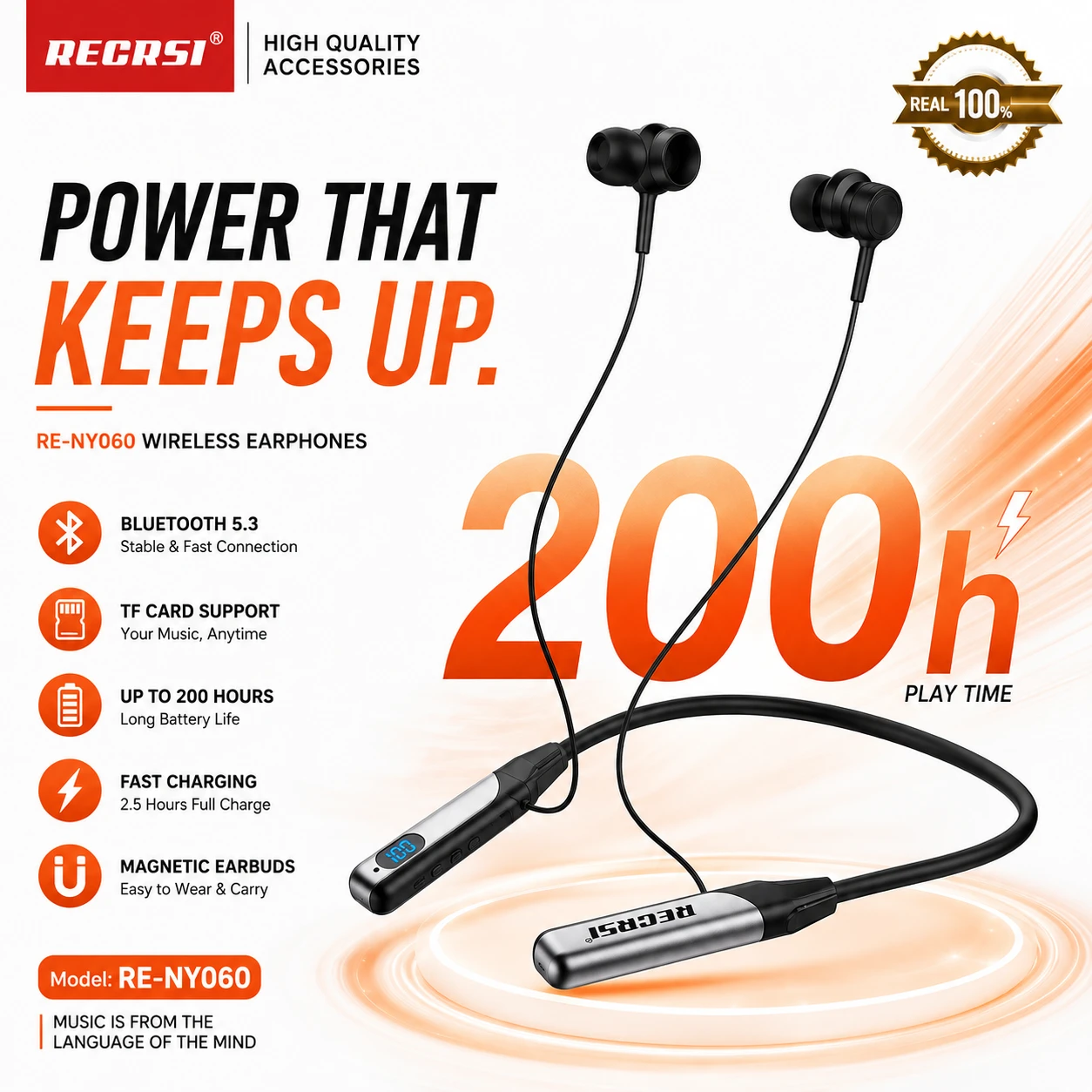RE-NY060 Recrsi Wireless Neckband Earphone – Bluetooth 5.3, 500mAh Battery, LED Display & TF Card