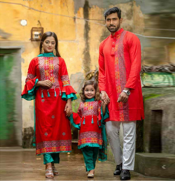 Mom, Baby & Father Special Printed Family Dress (Three Pieces with Panjabi) GM-130