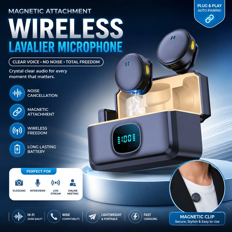 Premium Magnetic Dual Wireless Lavalier Microphone with Noise Cancellation & Charging Case
