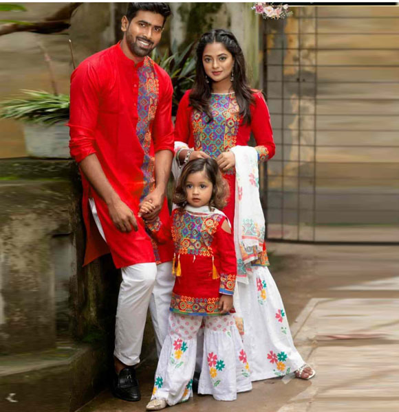 Mom, Baby & Father Special Printed Family Dress (Three Pieces with Panjabi) GM-128