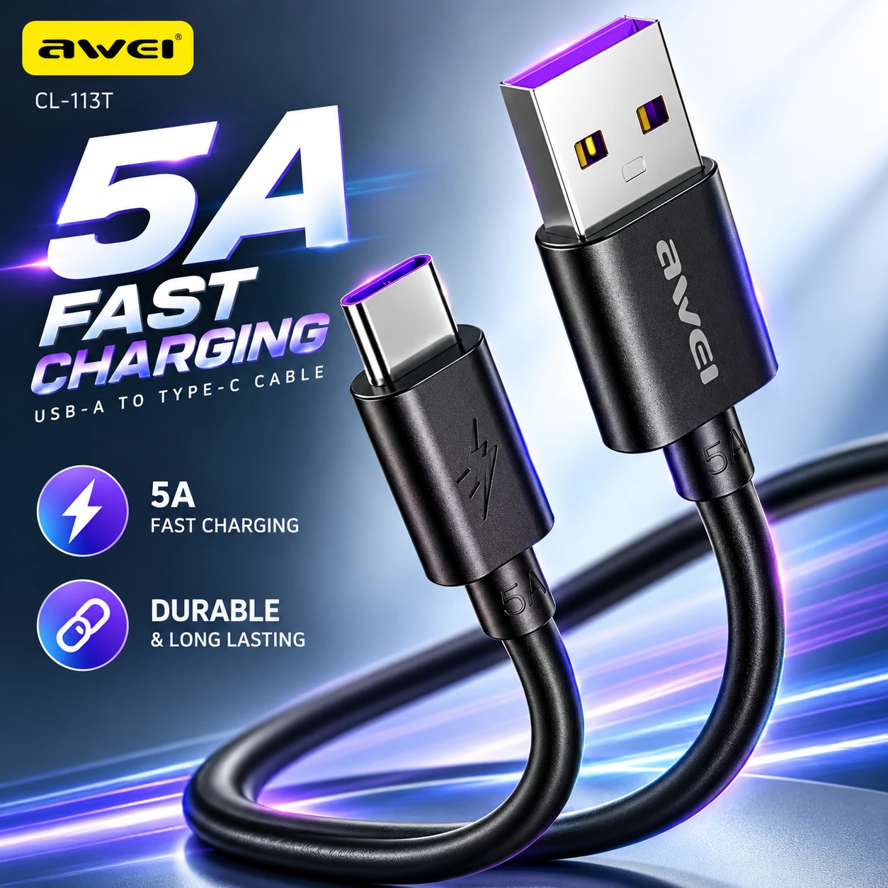 Awei CL-113T Type-C Cable – 5A Fast Charging, 30CM USB-A to USB-C