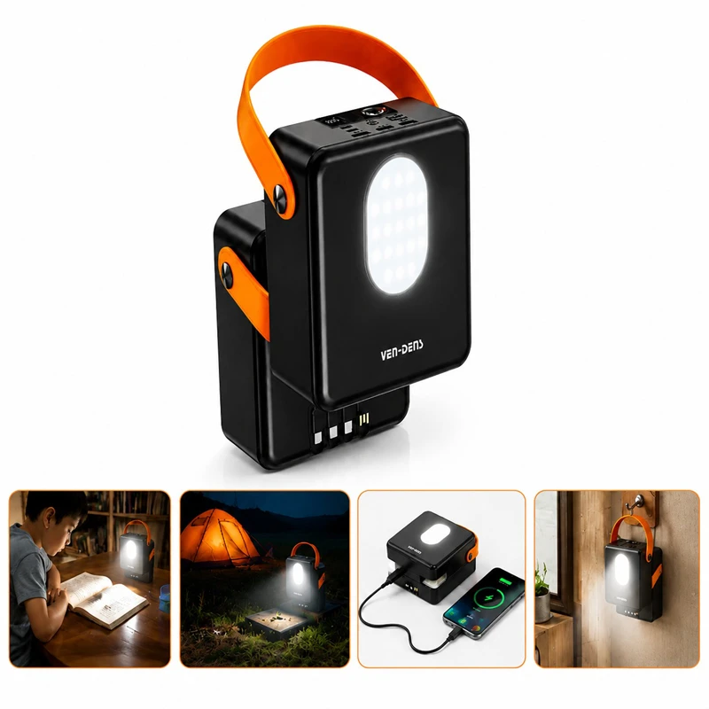 VEN-DENS VD-PB076 100000mAh Power Bank with LED Emergency Light, Built-in Cables & Multi-Port Output