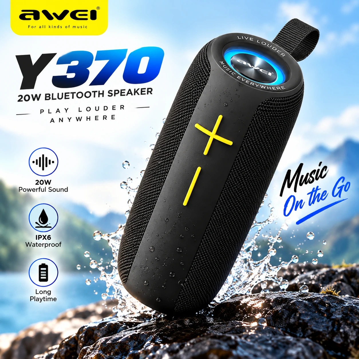 Awei Y370 Portable Bluetooth Speaker – 20W, IPX6 Waterproof, 3600mAh Battery & LED Lights