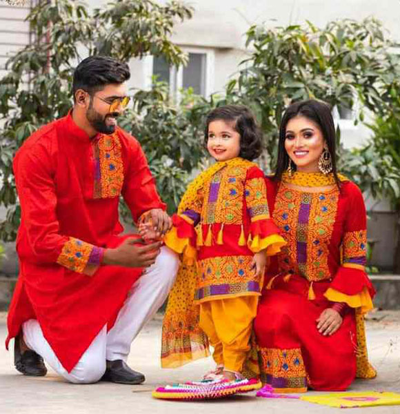 Mom, Baby & Father Special Printed Family Dress (Three Pieces with Panjabi) GM-126