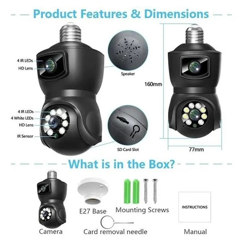 V380 E9 Dual Lens 1080P Bulb PTZ WiFi Security Camera E27
