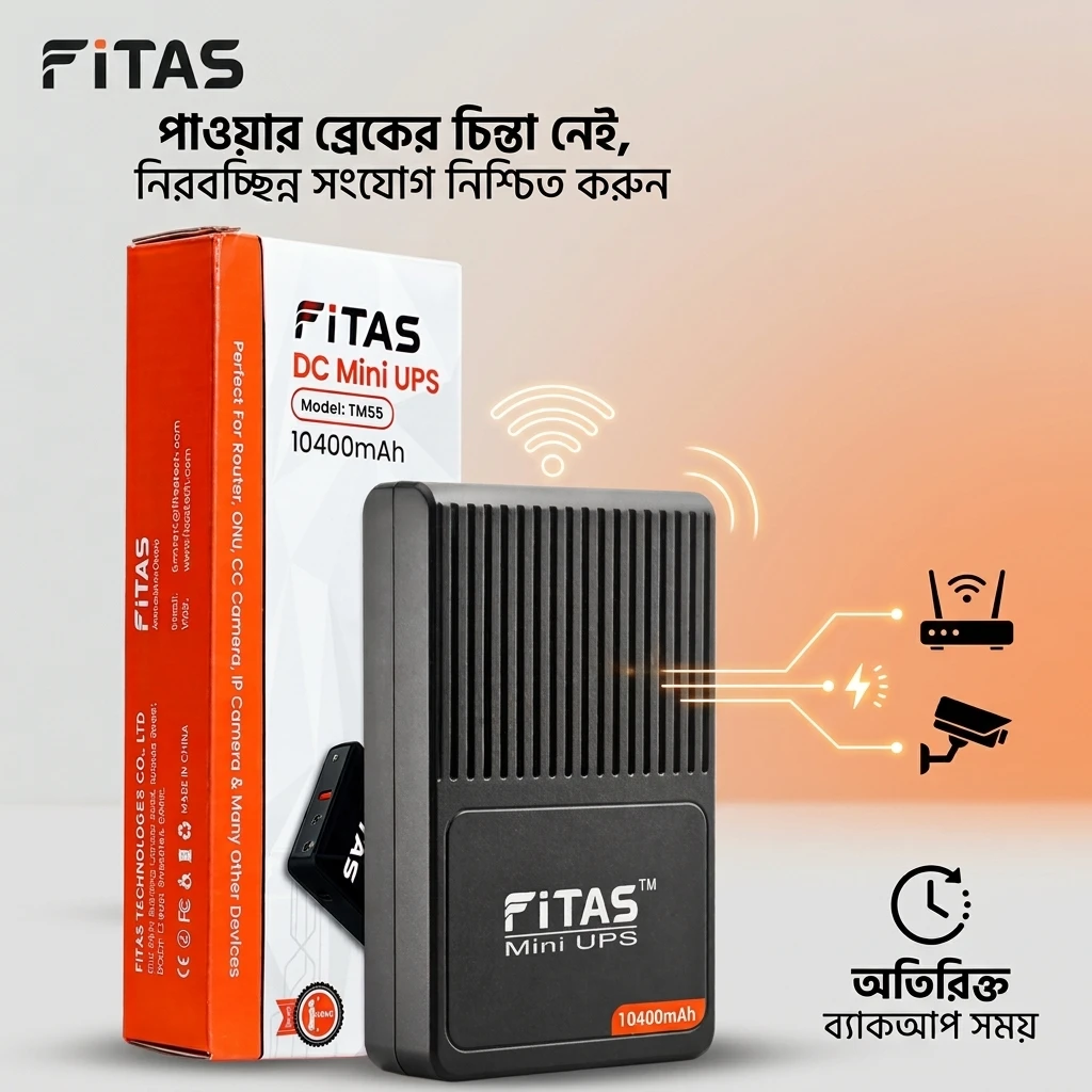 FiTAS TM55 Mini UPS 10400mAh for WiFi Router, ONU & CCTV – 12V/2A Backup Power Supply