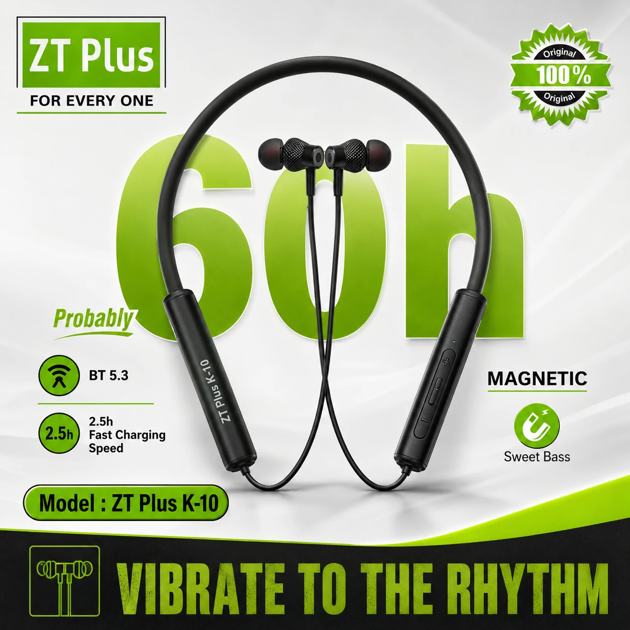 ZT Plus K-10 Bluetooth 5.3 Neckband Earphone – 60H Battery Life, Sweet Bass & Magnetic Earbuds