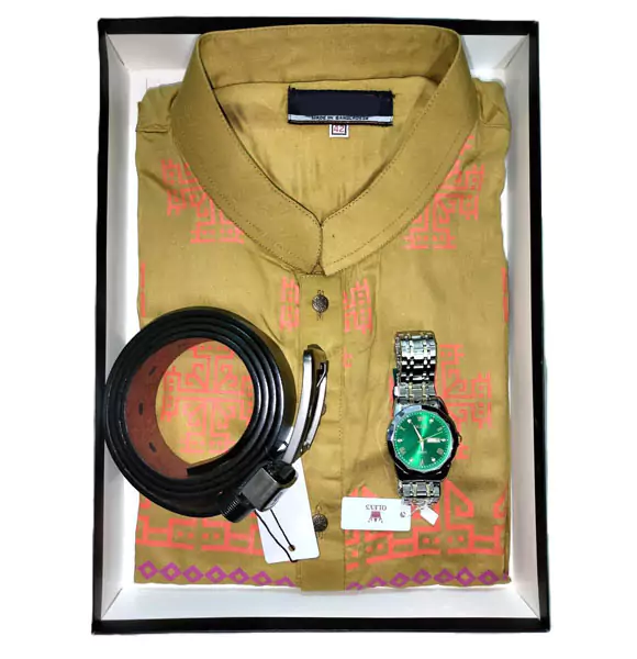Cotton Printed Punjabi + Premium Watch + Leather Belt Combo Pack