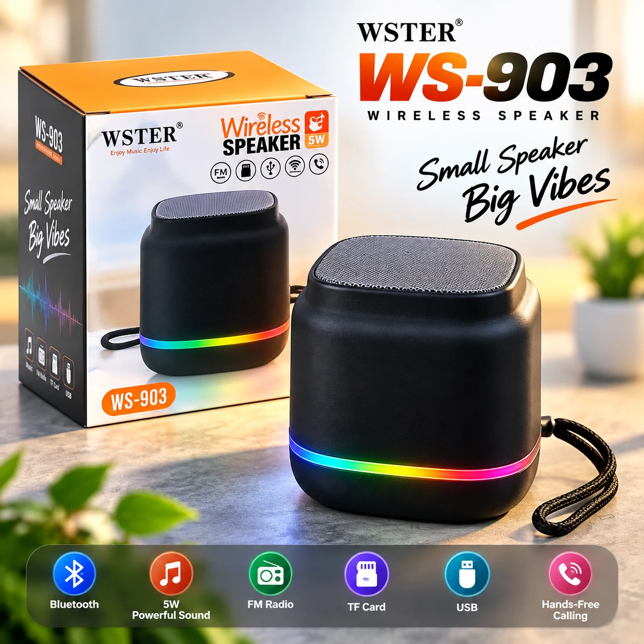 WSTER WS-903 Mini Bluetooth Speaker – 5W Wireless Sound, RGB LED Lights, 500mAh Battery & USB Charging