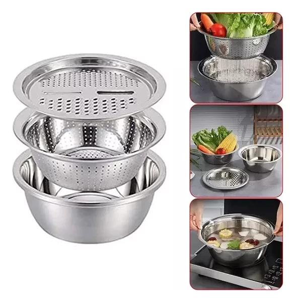 3 In 1 Multifunctional Stainless Steel Basin With Vegetable Cutter + Drain Basket