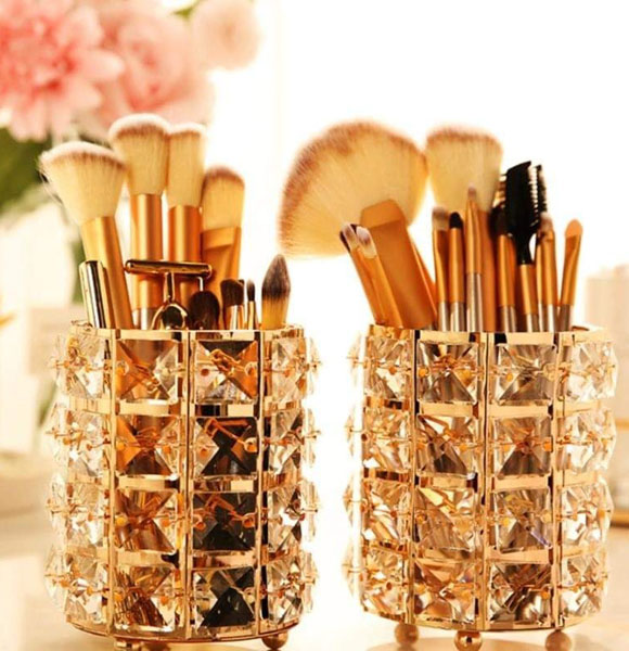 Makeup Brush Holder Golden Crystal Bling Personalized Gold Comb Brushes Pen Pencil Storage Cup Container