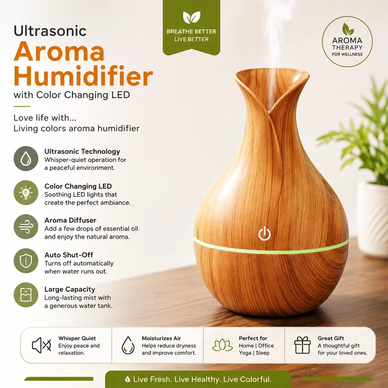 Wooden Finish Ultrasonic Aroma Humidifier | Aroma Diffuser with Color Changing LED