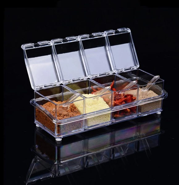 Four In One Crystal Clear Seasoning Box Acrylic Spice Rack Storage Condiment Jars Containers With Spoon