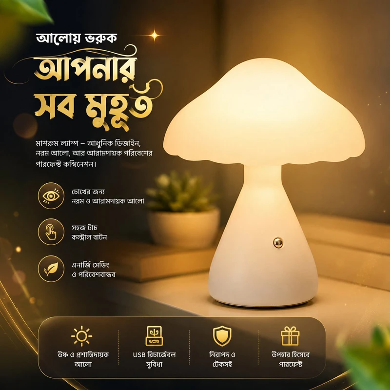 Rechargeable LED Mushroom Desk & Table Lamp – Cordless Touch Control Dimmable Ambient Night Light