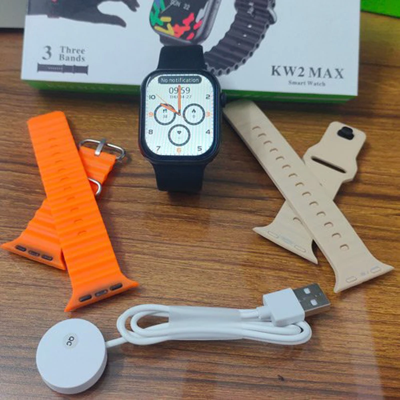 KW2 Max Smart Watch with Curved AMOLED-Like Display, Wireless Charging & 3 Stylish Straps