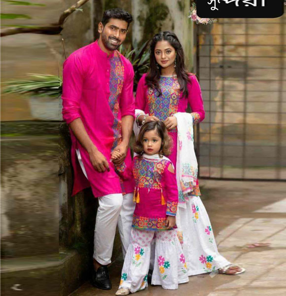 Mom, Baby & Father Special Printed Family Dress (Three Pieces with Panjabi) GM-122