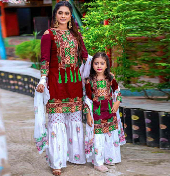 Puja Special Printed Family Dress (Three Pieces, Mom & Baby) GM-106