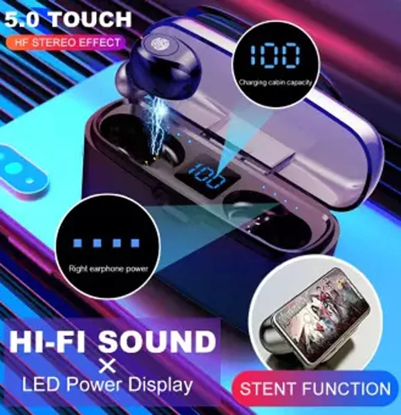 F9 TWS Wireless Bluetooth Headphone Touch & Digital LED Display With 2000mAh Power Bank Headset With Microphone