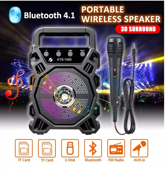 KTS-1080 Wireless Portable Bluetooth Speaker with Led Light- Support Mic