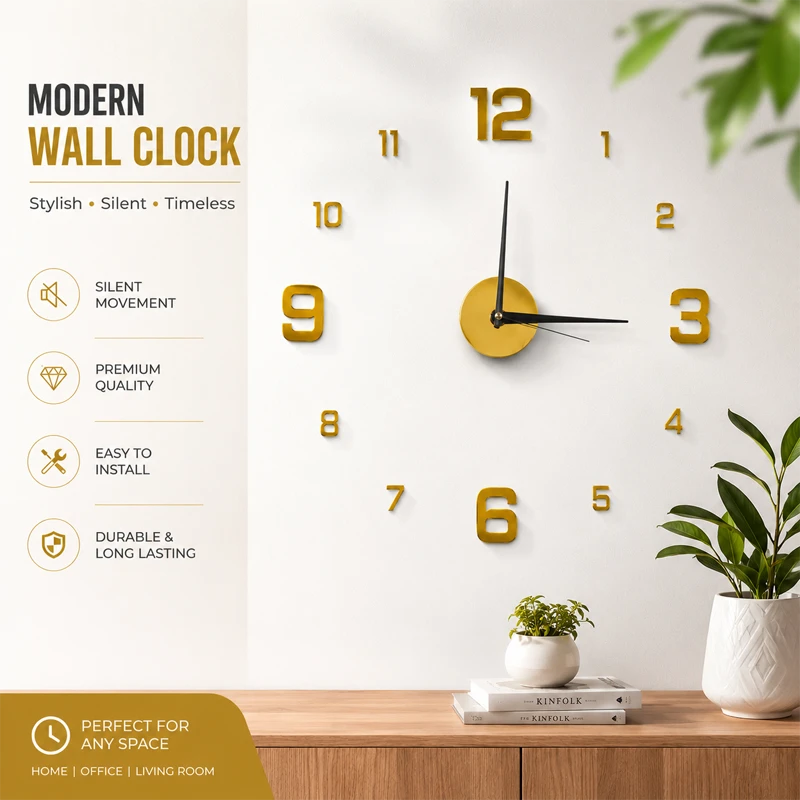 3D DIY Frameless Wall Clock | Large Decorative Silent Wall Clock