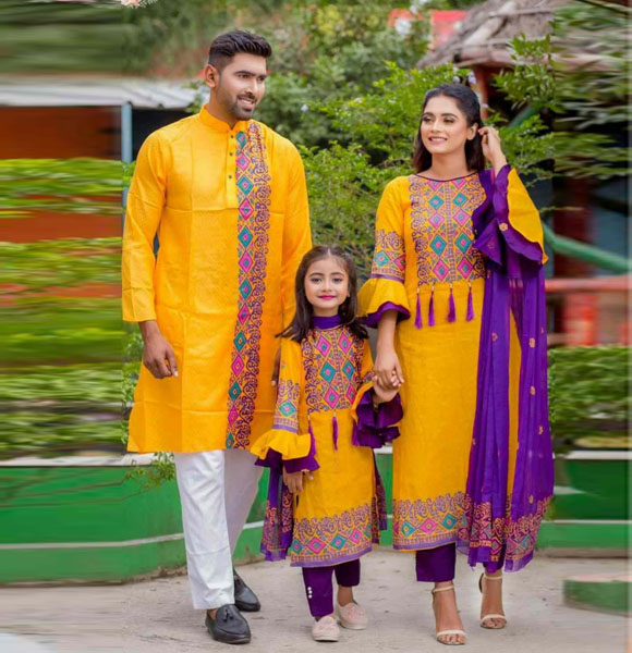 Mom, Baby & Father Special Printed Family Dress (Three Pieces with Panjabi) GM-125