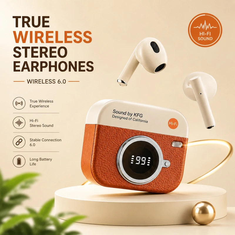 Q86 Retro Camera Design TWS Earbuds with Bluetooth 5.4, LED Display & ENC