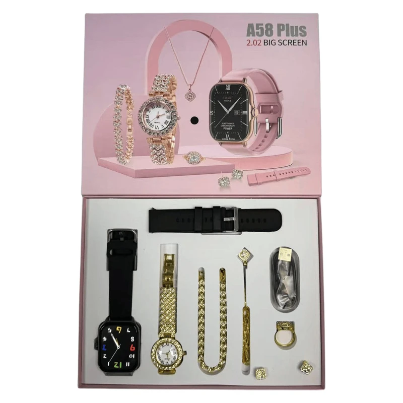 A58 Plus Smartwatch Gift Set for Girls 8 in 1 Combo with Jewelry Accessories & Bluetooth Calling