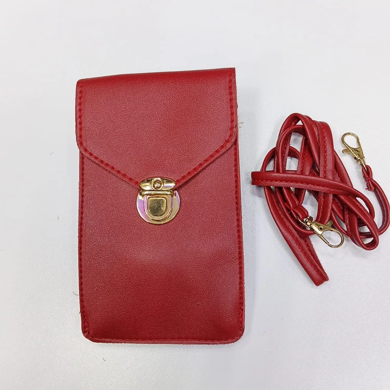 Women's PU Leather Phone Holder With Neck Strap Wallets Touch Screen Bags(Red)