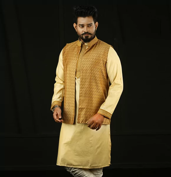 Stylish Golden Color Panjabi with Coati for Men's