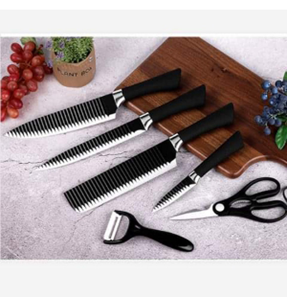 Non-Stick Full Black Color Knife Set (6 Pcs) PP & TPR Handle Black Coating Blade