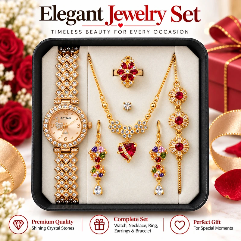 5 in 1 Ladies Watch & Jewelry Gift Set for Girls with Golden Watch, Necklace, Earrings, Bracelet & Ring