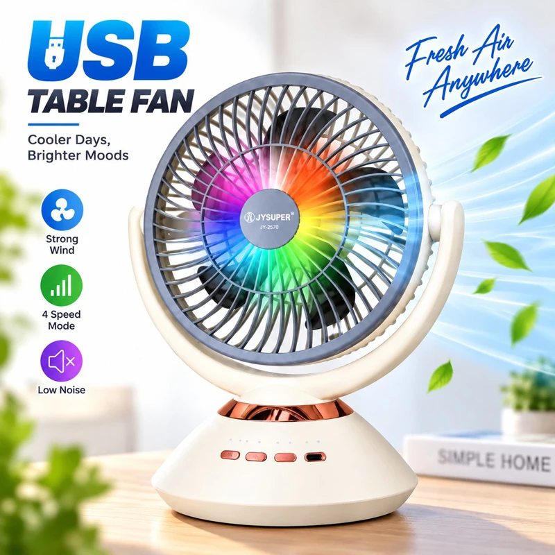 JYSUPER JY-2570 Rechargeable Table Fan with LED Light & Solar Charging Support
