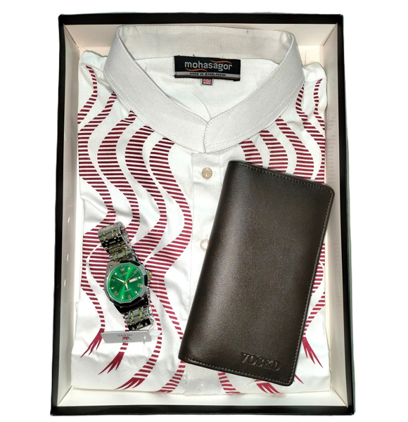 Cotton Printed Punjabi + Premium Watch + Leather Wallet Combo Pack