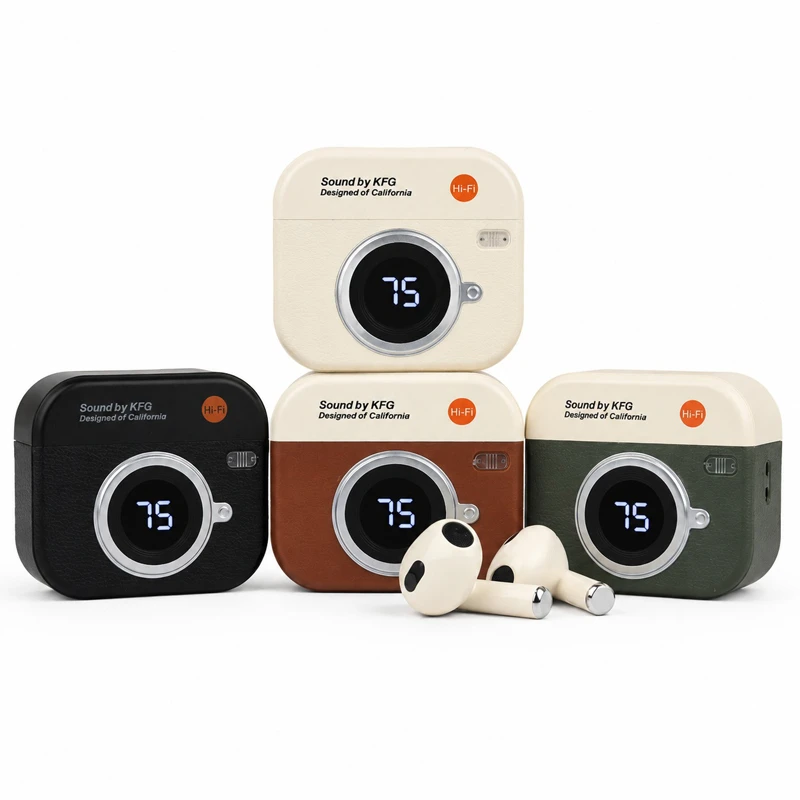 Q86 Retro Camera Design TWS Earbuds with Bluetooth 5.4, LED Display & ENC