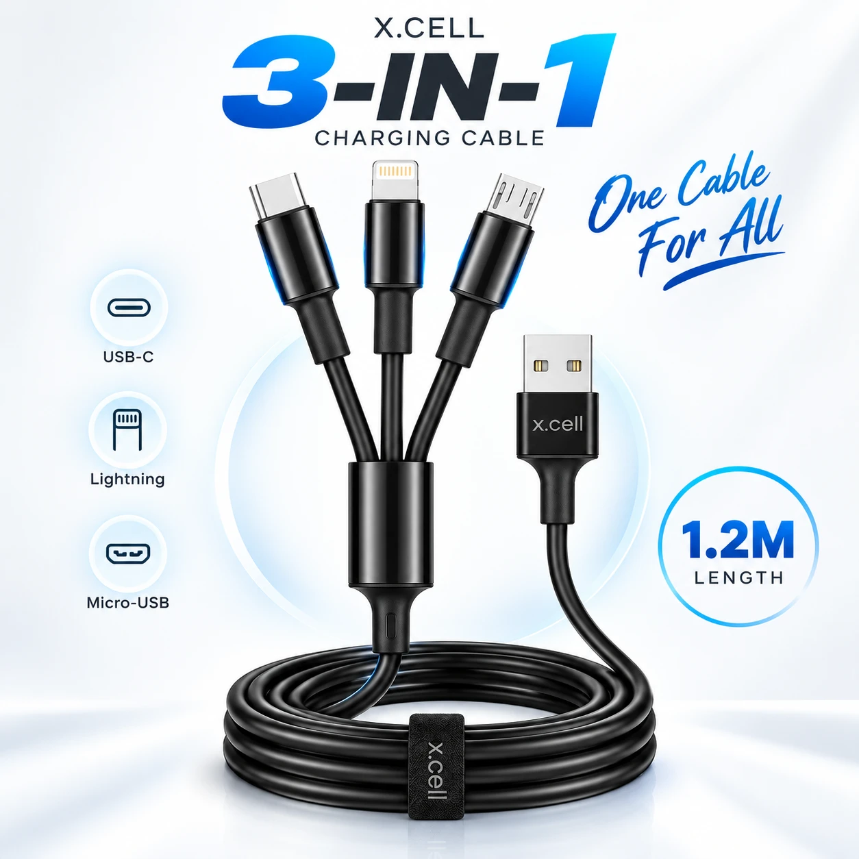 X.Cell 3-in-1 Charging Cable – USB-C, Lightning & Micro-USB, 1.2M