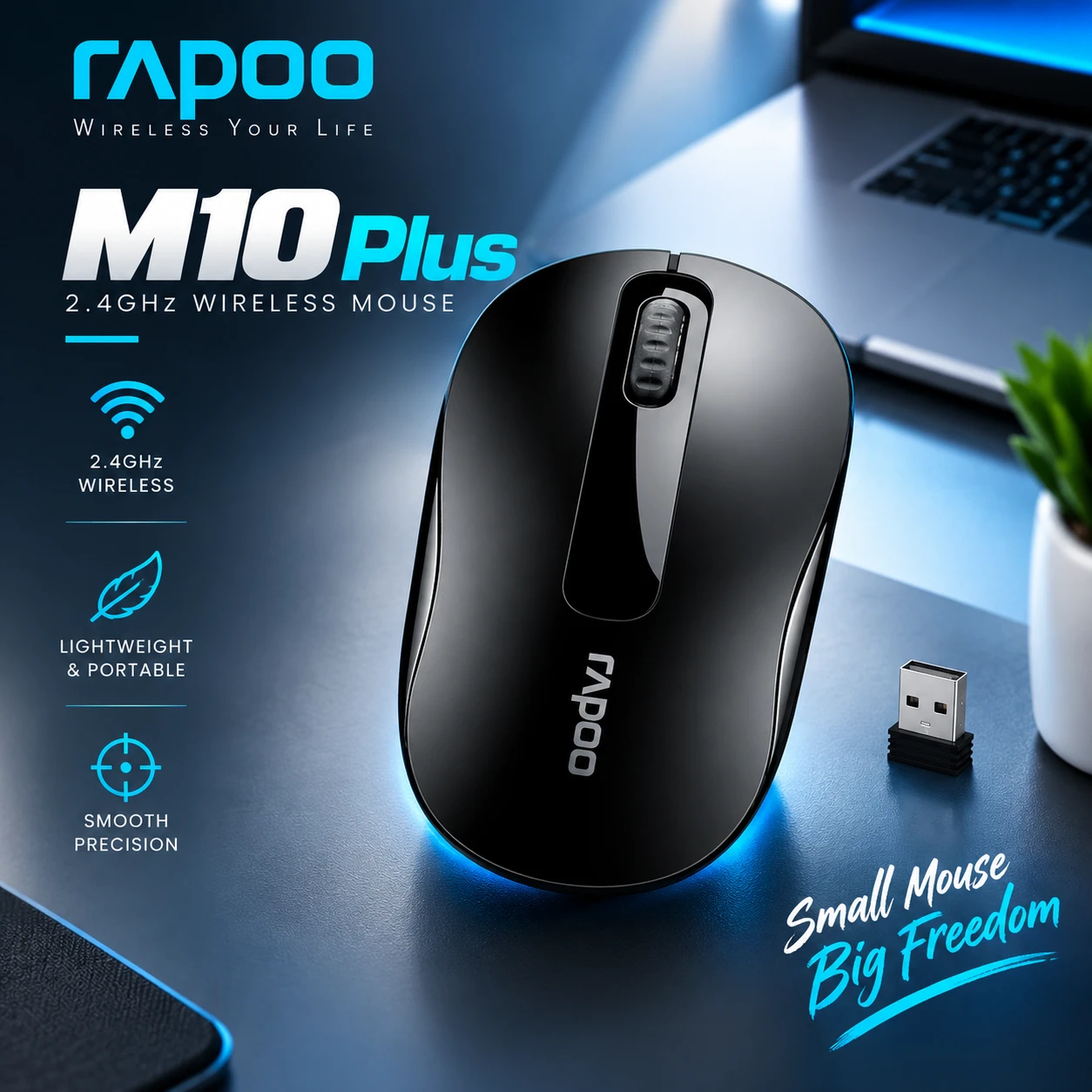 Rapoo M10 Plus Wireless Optical Mouse – 2.4GHz, 1000 DPI, Nano USB Receiver & 12-Month Battery Life