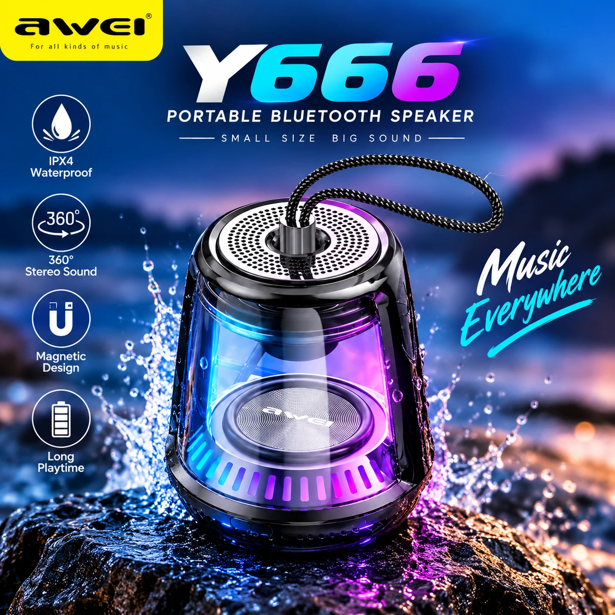 Awei Y666 Portable Bluetooth Speaker – 5W, IPX6 Waterproof, RGB Lights & Magnetic Base