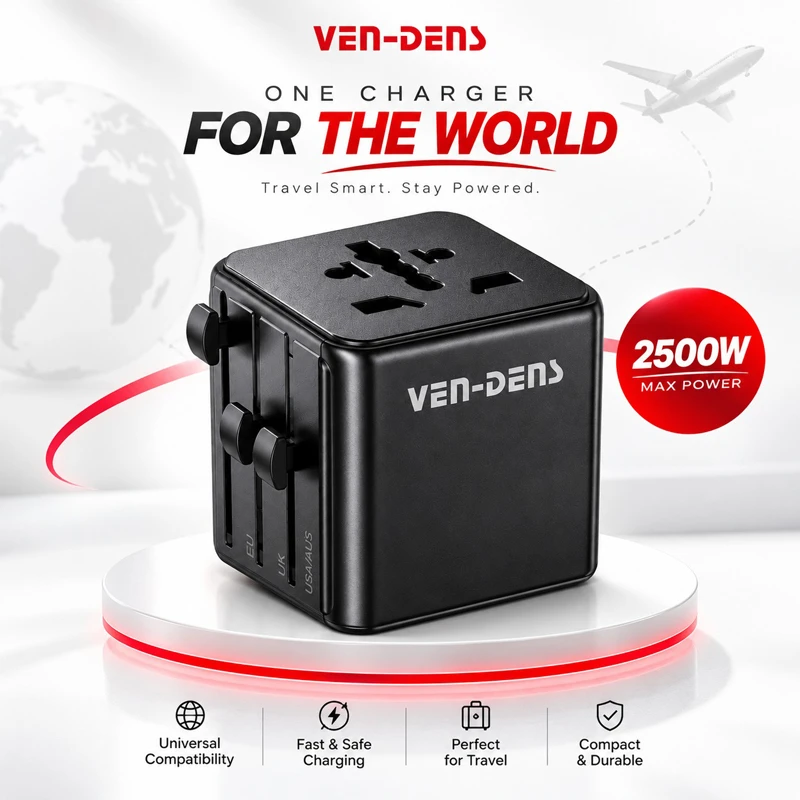 VEN-DENS VD-TA004 4-in-1 Universal Travel Adapter 2500W with EU, UK, US & AU Plugs
