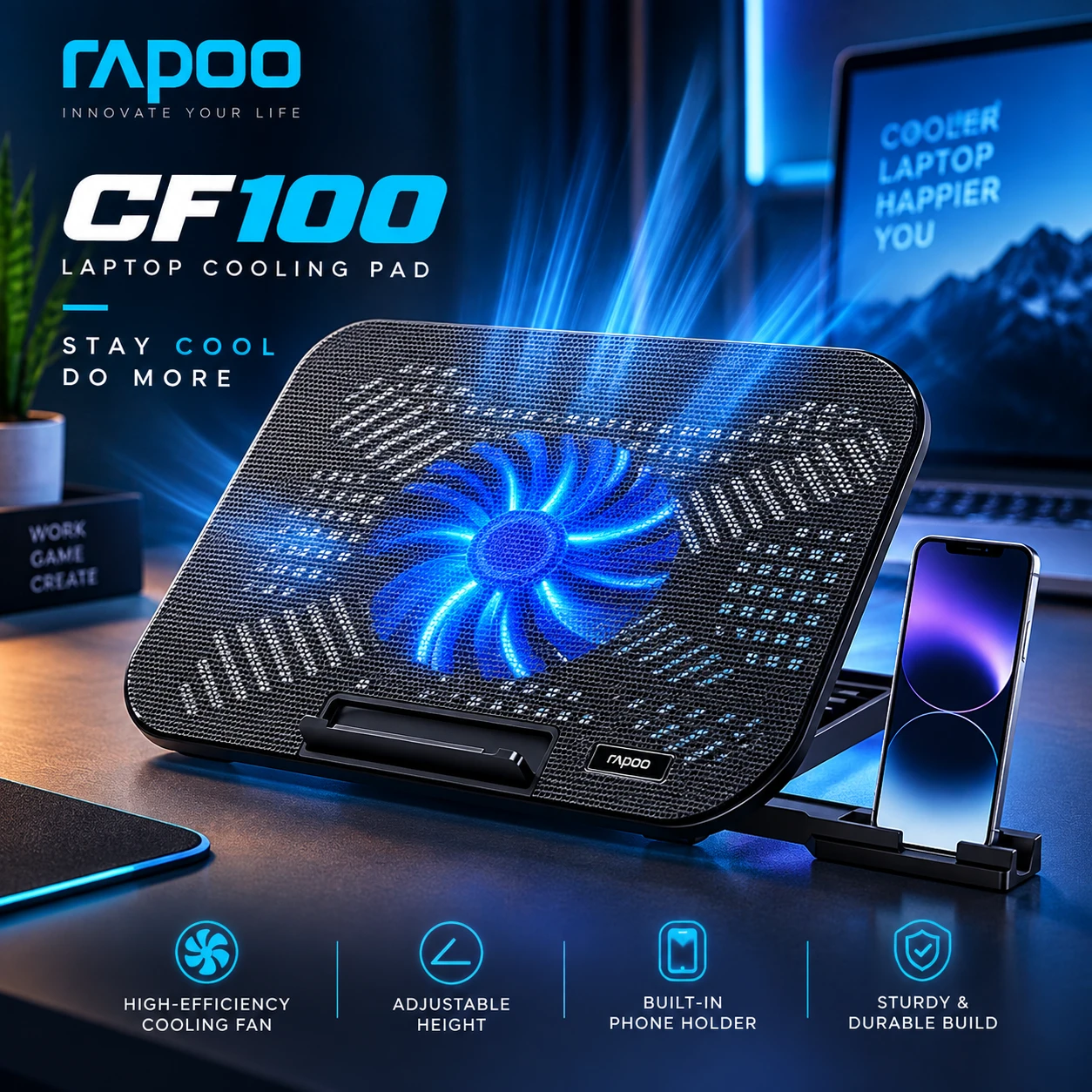 Rapoo CF100 Laptop Cooling Pad – High-Efficiency Airflow, 6 Adjustable Angles & Wide Compatibility