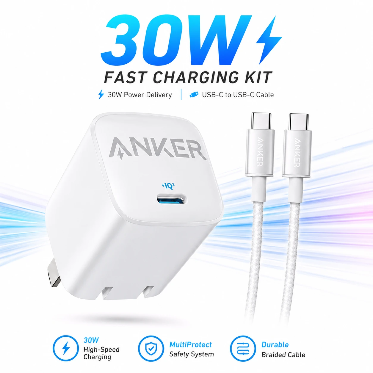 Anker 30W GaN Fast Charger Set with USB-C to USB-C Braided Cable & Foldable Plug
