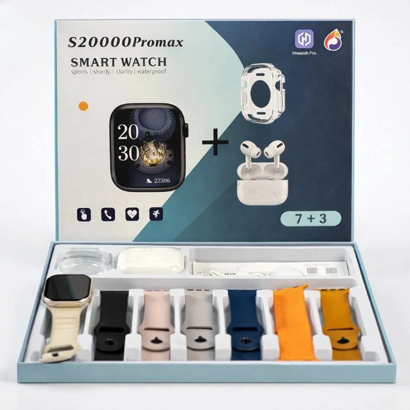 S2000 Pro Max Smart Watch 10 in 1 Combo with 7 Straps, TWS Earbuds & Bluetooth Calling