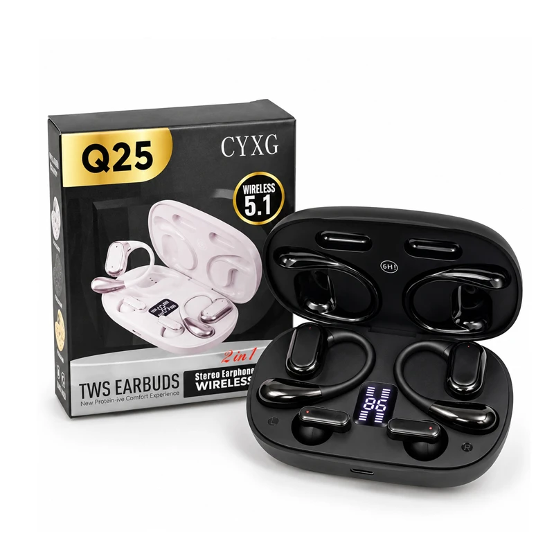 Q25 2-in-1 Couple Soft Ear Hooks TWS Wireless Earbuds with LED Digital Display