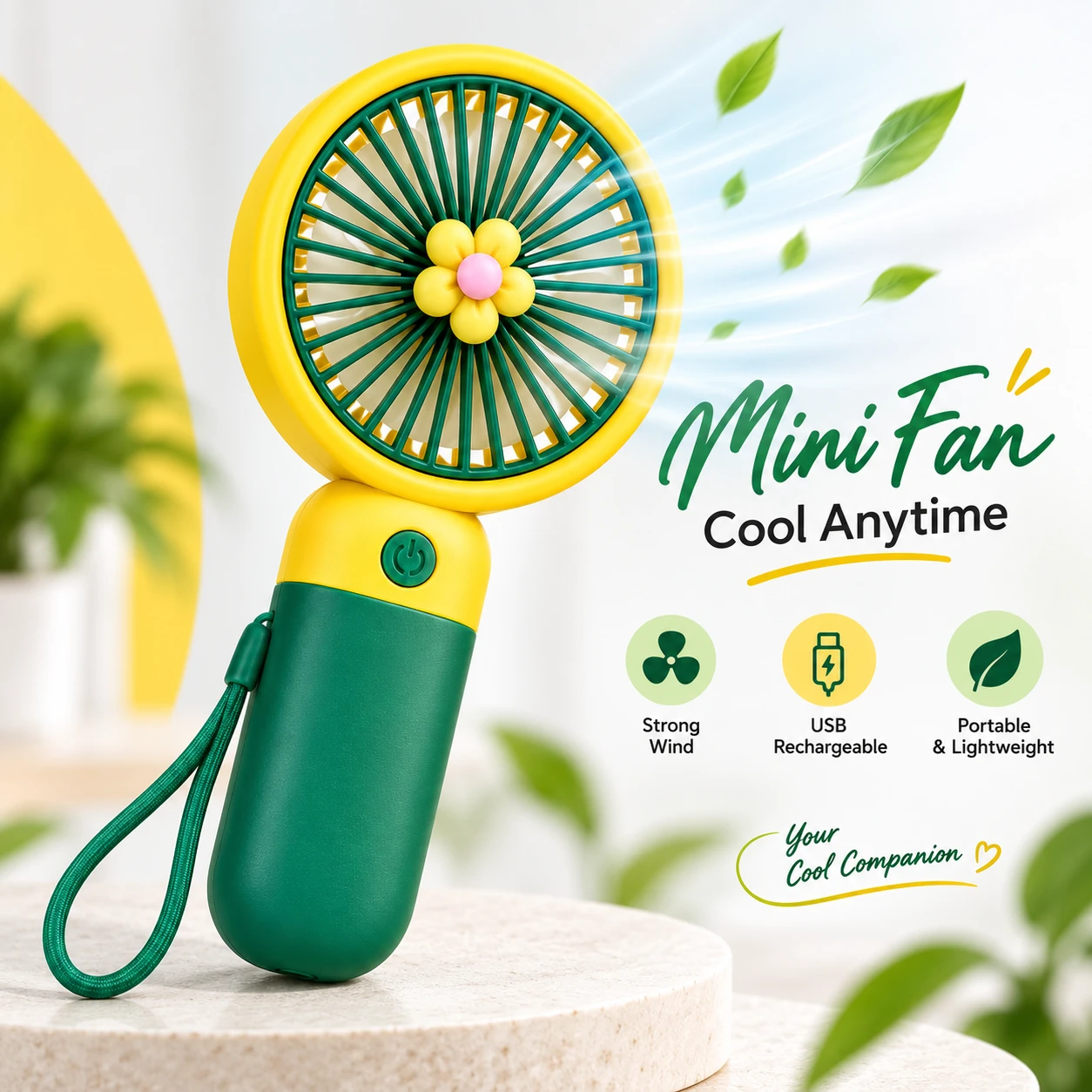 Handheld Portable Mini Fan – USB Rechargeable 3-Speed Pocket Fan with Desktop Stand & Lanyard