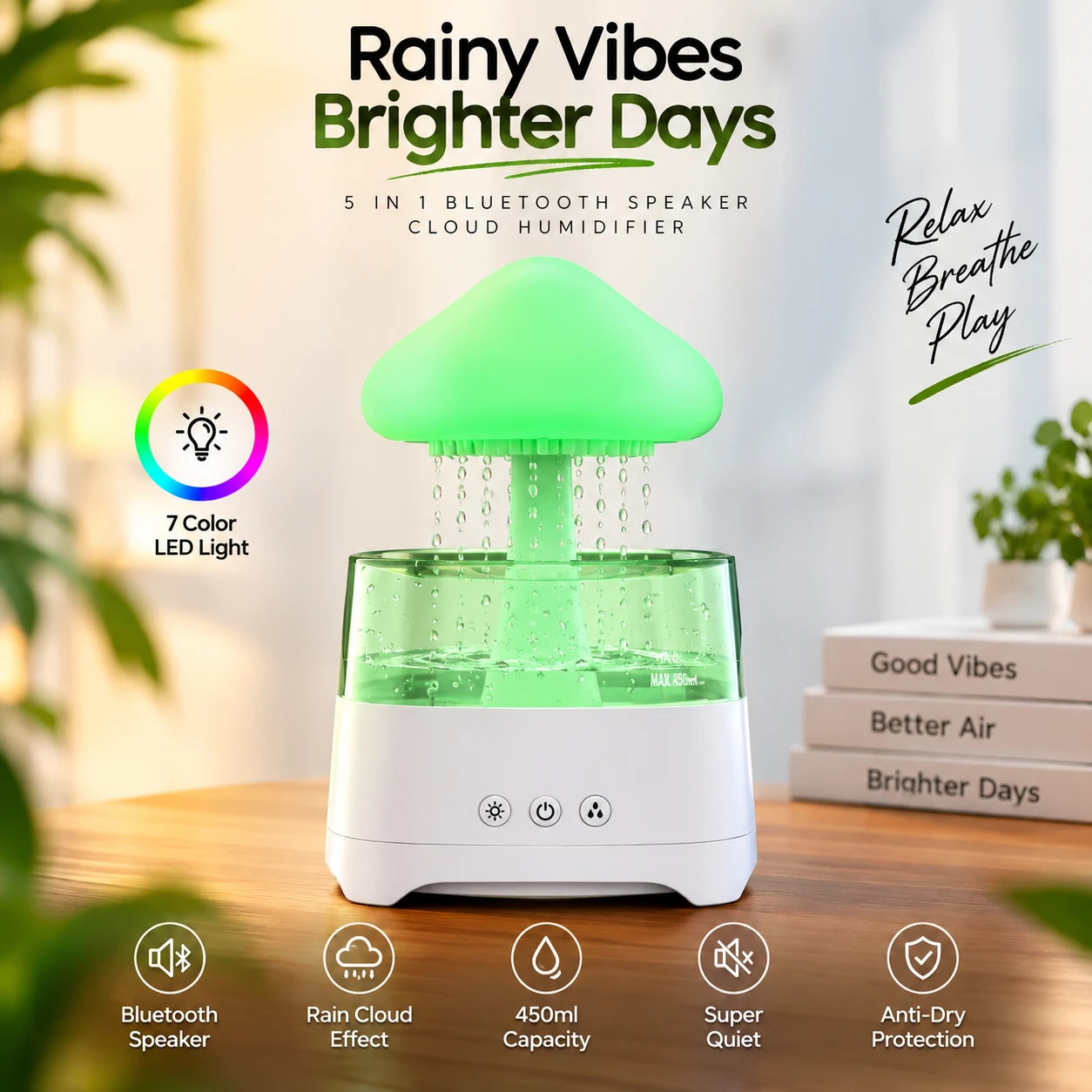 5-in-1 Rain Cloud Humidifier & Bluetooth Speaker – 450ml, 7-Color LED Light, Rain Sound & Auto Shut-Off