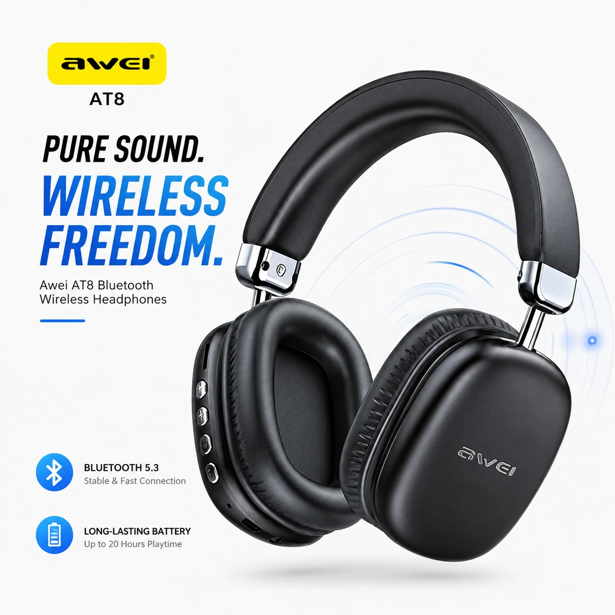 Awei AT8 Wireless Headphones – Bluetooth 5.4, 40H Playtime, 40mm Drivers & Type-C