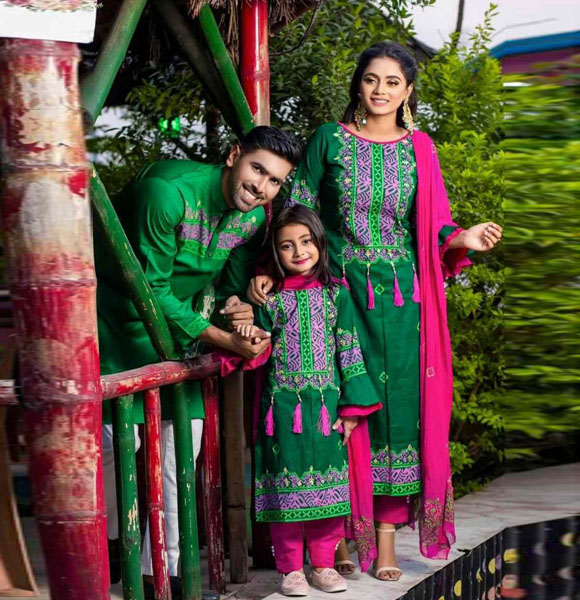 Mom, Baby & Father Special Printed Family Dress (Three Pieces with Panjabi) GM-129