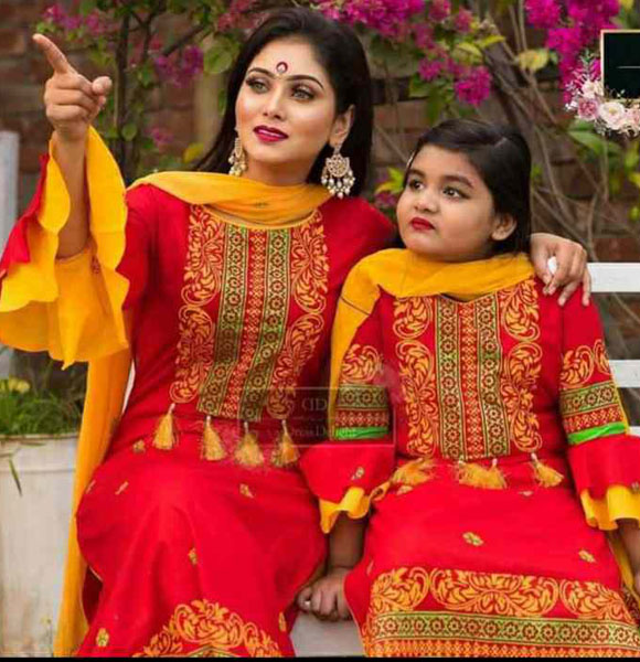 Puja Special Printed Family Dress (Three Pieces, Mom & Baby) GM-107