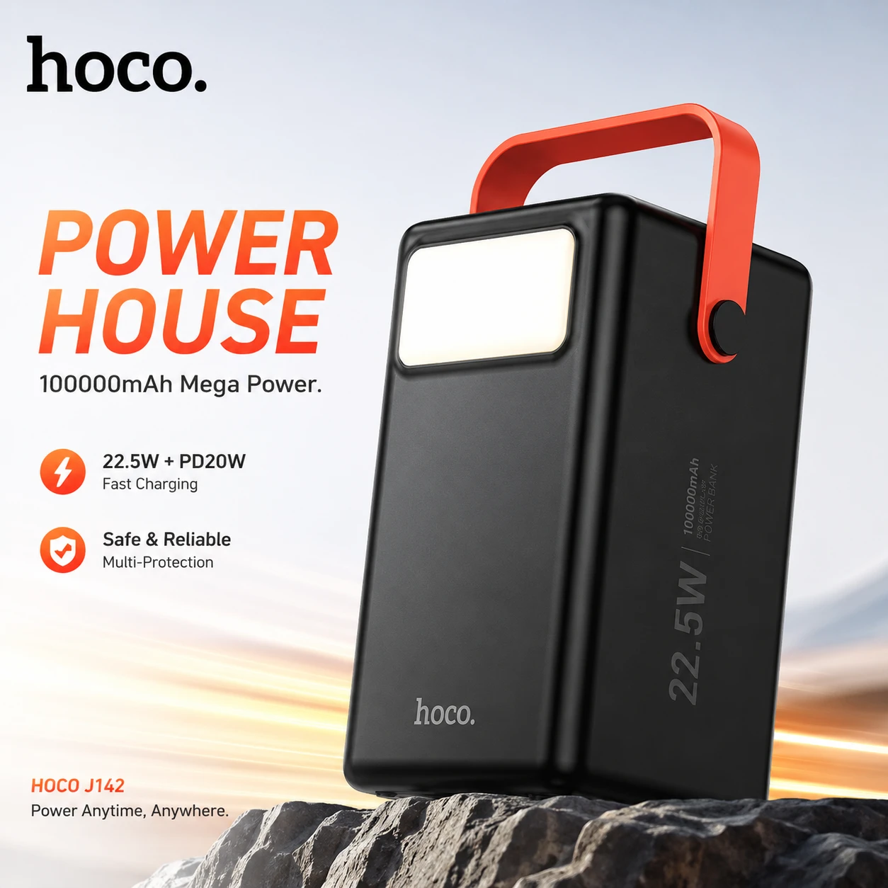 HOCO J142 100000mAh Power Bank – 22.5W Fast Charging, PD 20W & Built-in LED Lamp
