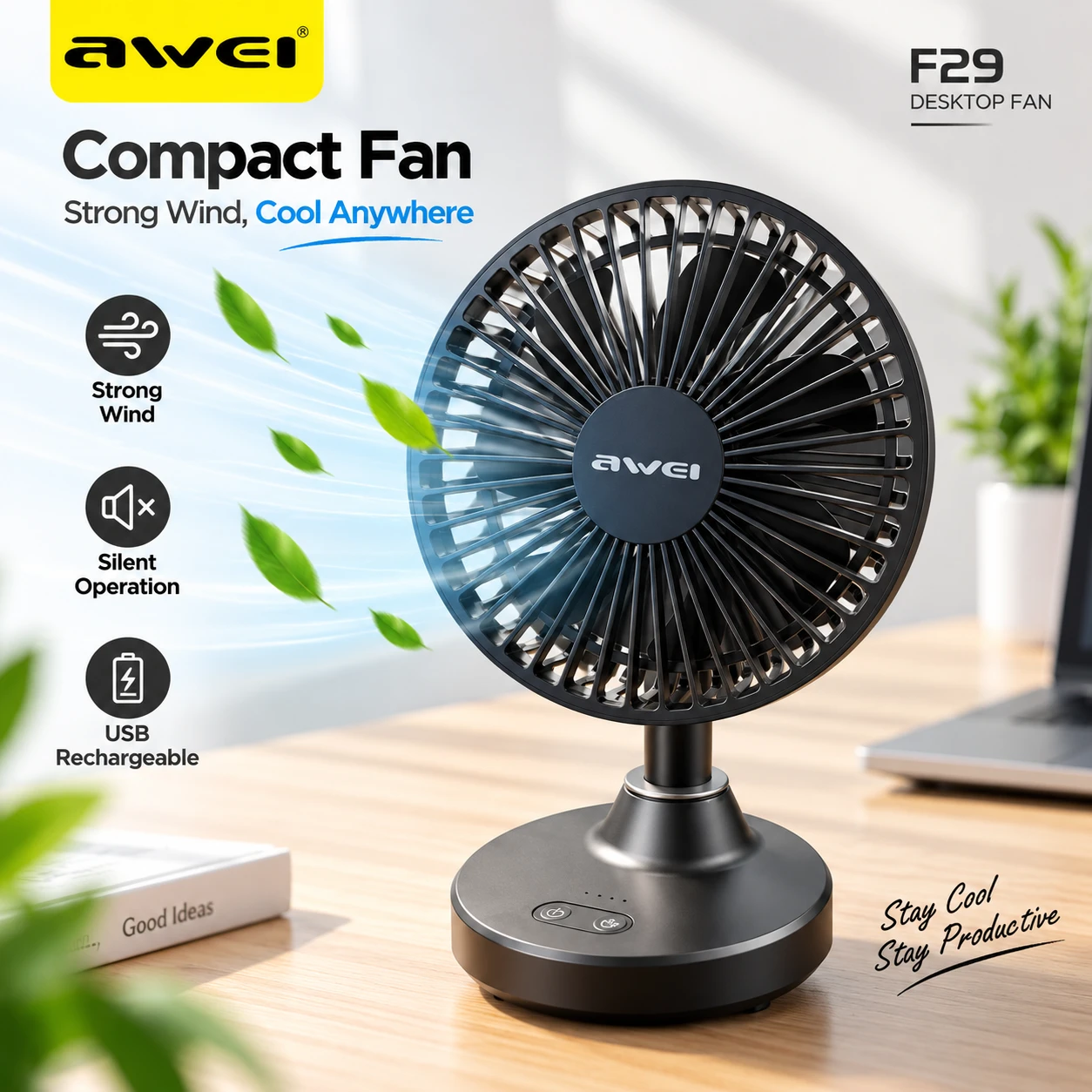 Awei F29 Rechargeable Desktop Fan – 3600mAh Battery, 7-Blade Airflow, 90° Oscillation & Type-C Charging